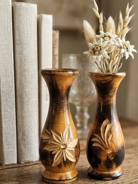 Poland Hand Carved Wood Bud Vases Set of 2 Floral Folk Art Modern Heritage 4.5"